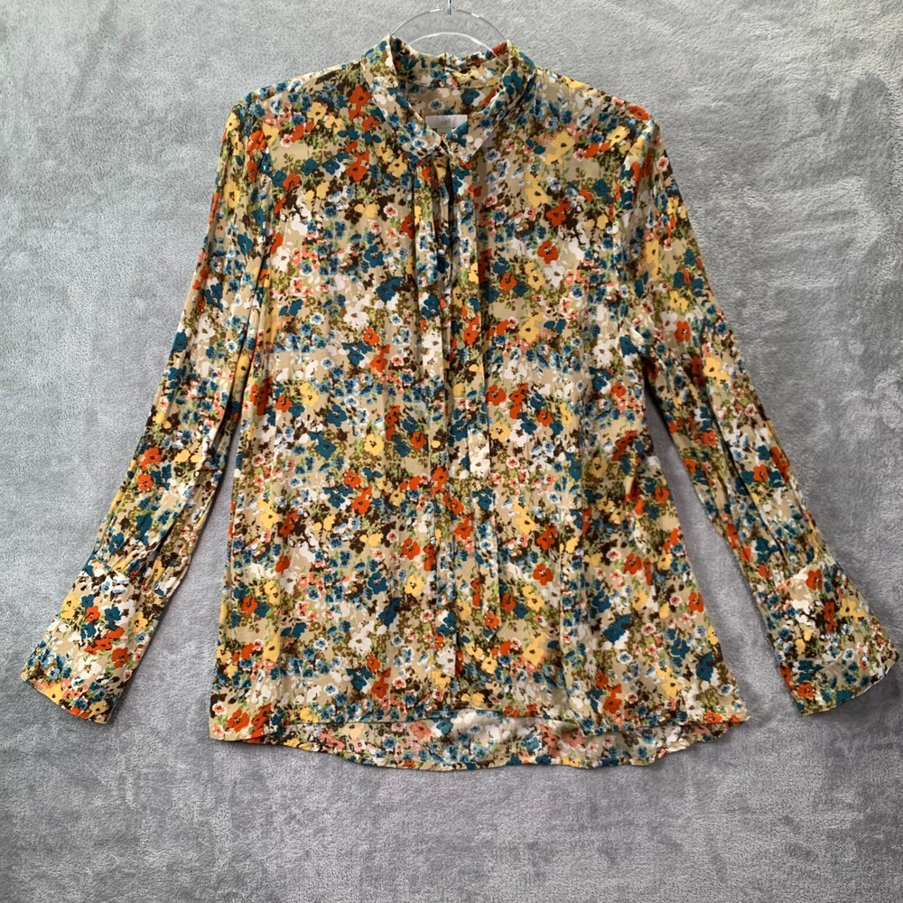 Floral Rayon Blouse S Yellow Orange Blue Print Mock Neck Boho Cottagecore Top